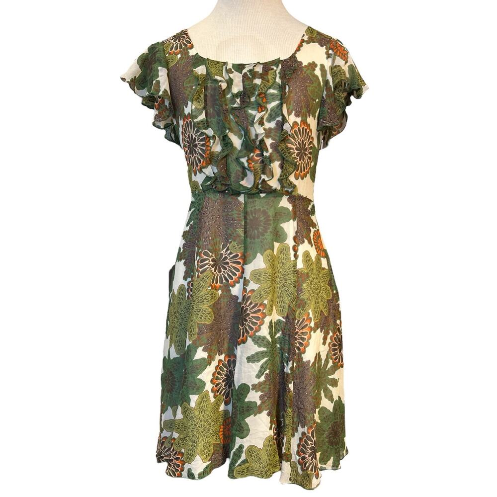 Marisfrolg Silk Flutter Sleeve Floral Print Career Modest Dress Sz 38 Green Cute